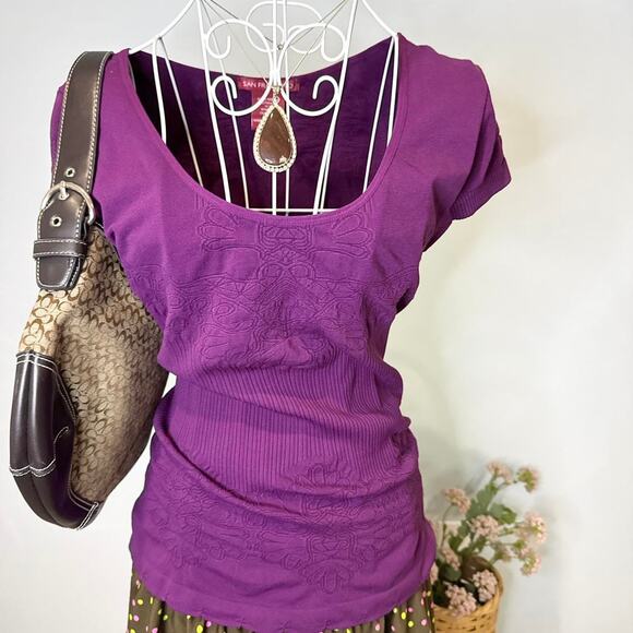 Cute vintage y2k purple tight lace pleated stretchy top - Picture 3 of 6